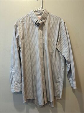 Brooks Brothers Multi-Striped Dress Shirt in White, Blue & Brown